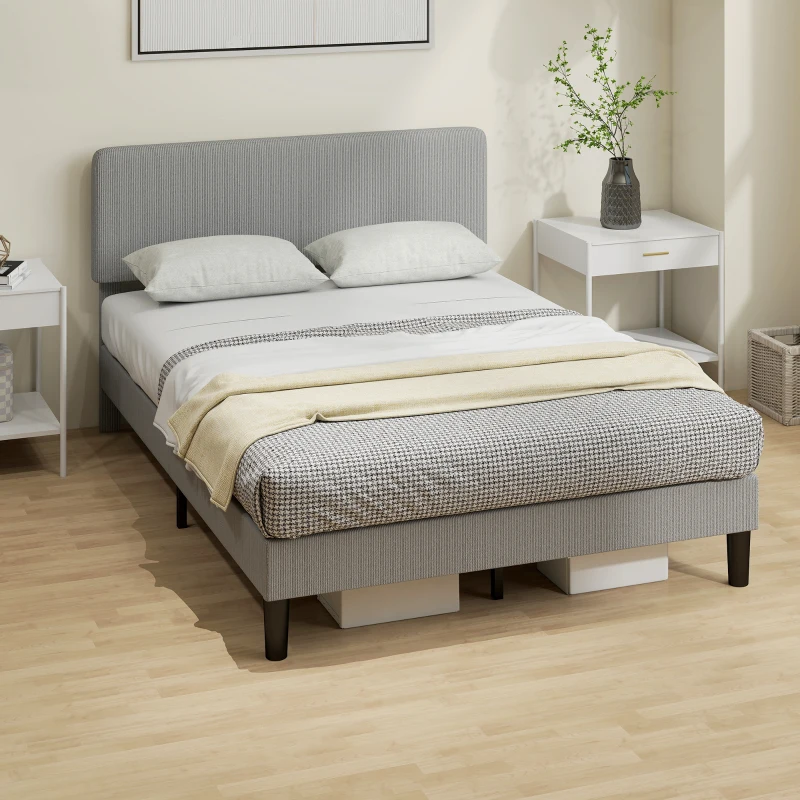 HOMCOM Telaio letto matrimoniale, con rete a doghe in legno, testiera regolabile, imbottito in velluto a coste, 140 x 190 cm, Grigio