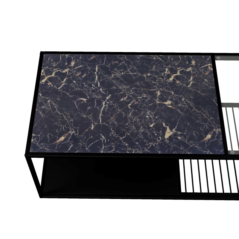 Tavolino da salotto con vetro temperato, con ampio spazio contenitivo, 110x48x35 cm, Nero