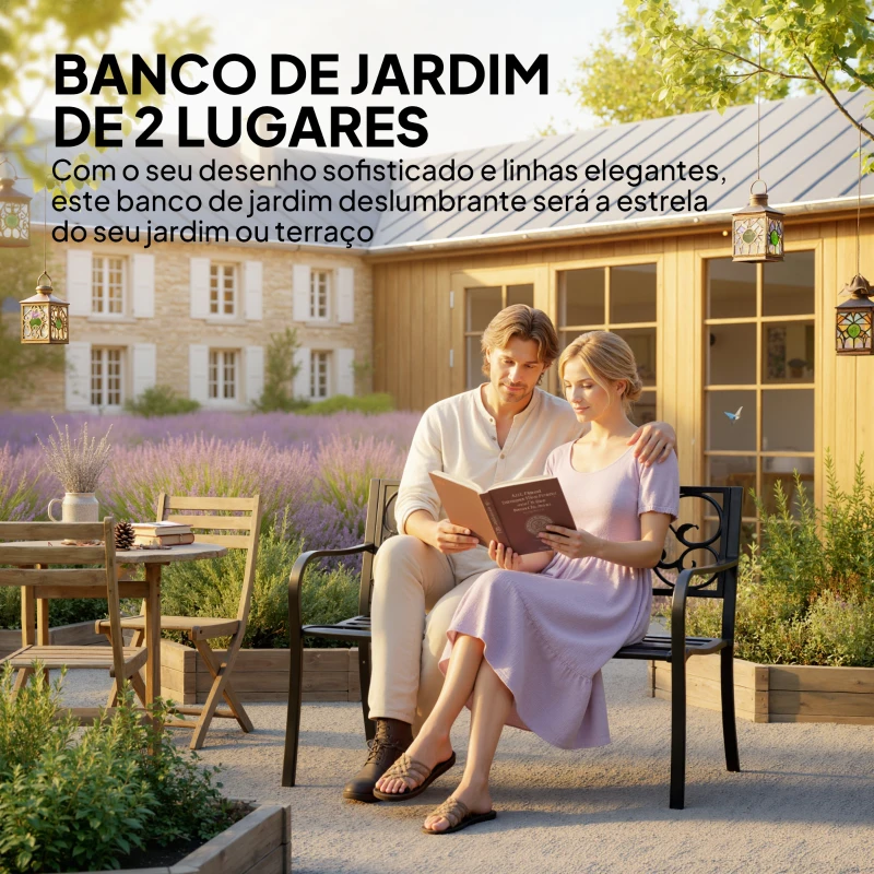 Outsunny Banco de Jardim de Aço Banco de Exterior com Encosto e Apoio para os Braços para Pátio Varanda 127x60x89 cm Preto
