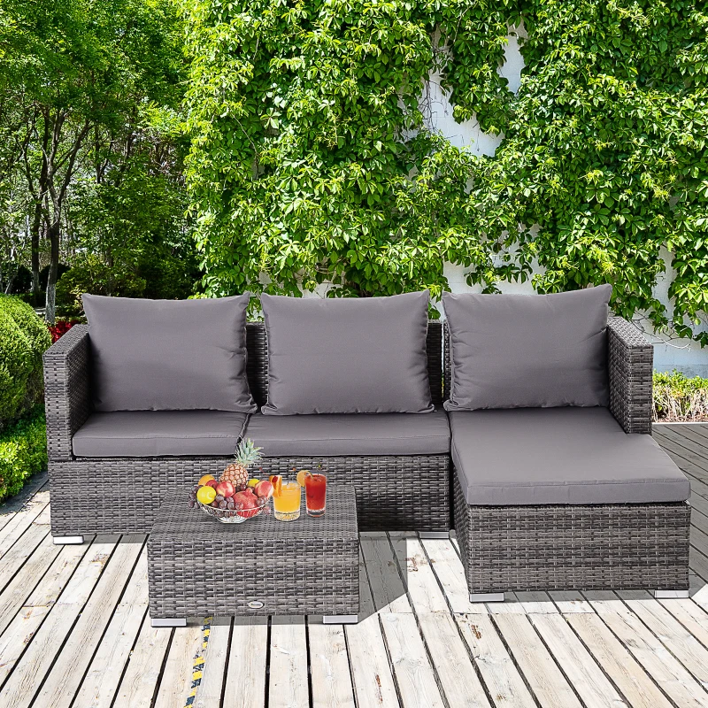 Outsunny 3 Pieces Rattan Garden Furniture Sofa Set, 4 Seater Garden Corner Sofa with 5-Level Reclining Sun Lounger and Storage Coffee Table, Outdoor Furniture Conservatory Set with Cushions, Grey