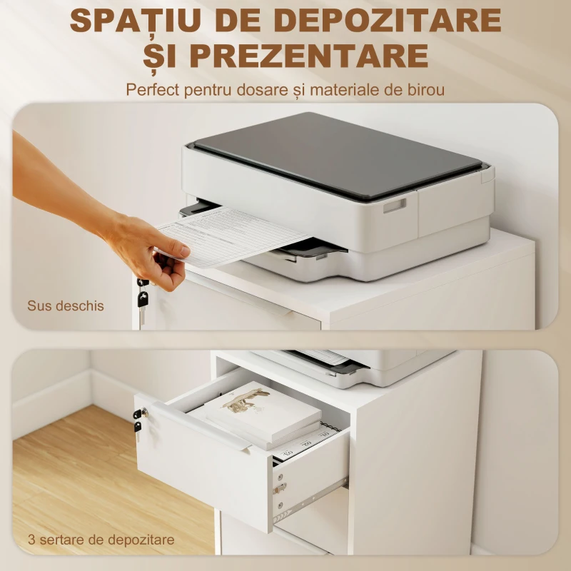 HOMCOM Dulap de Birou cu 3 Sertare cu Chei și 4 Rotile Alb și Gri