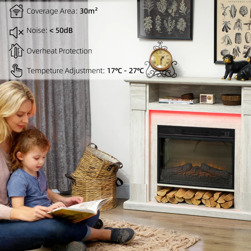 HOMCOM Șemineu Electric 1800W Reglabil cu Flacără 3D, Raft, Timer și Telecomandă, 105x27x97 cm, culoare Lemn