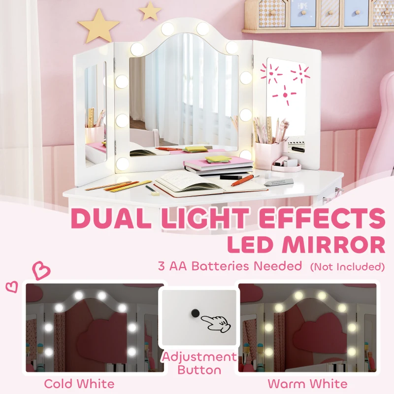 AIYAPLAY Kids Dressing Table and Stool Set, Girls Vanity Table with 2-Colour LED Lights, Tri-Folding Mirror, White