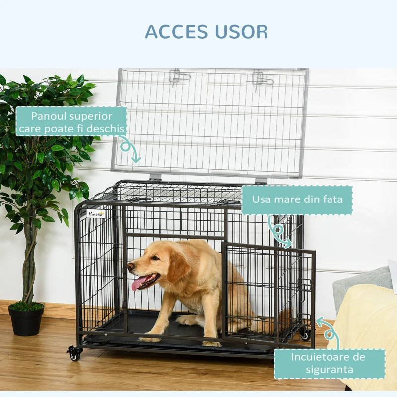 PawHut Tarc pentru caini pliabil, ușă dublă cu blocare 4 roți cu frână și fund detașabil, 109.5x71x78cm, Negru