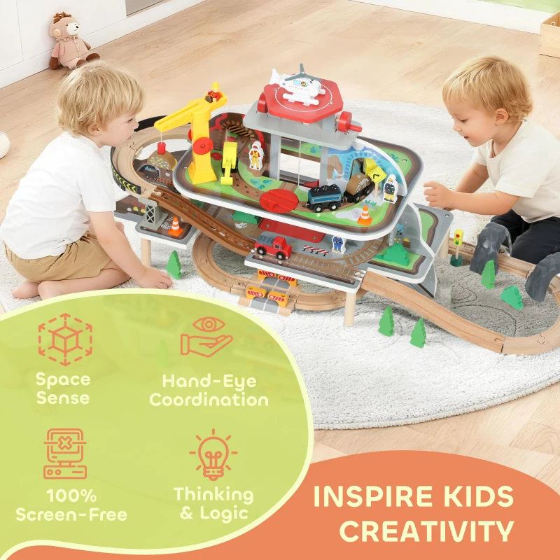 AIYAPLAY 79 Piece Wooden Train Set, Kids Train Track Mine Themed with Crane, Helicopter