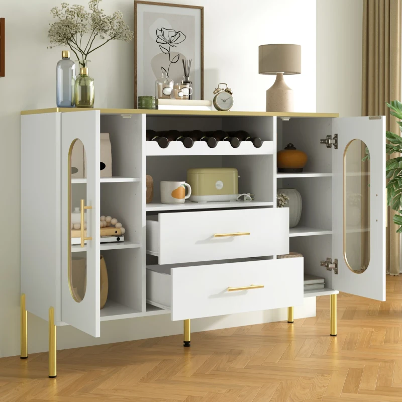 Credenza con ante in vetro, portabottiglie e ampio spazio di stoccaggio, 120x38x90 cm, Bianco