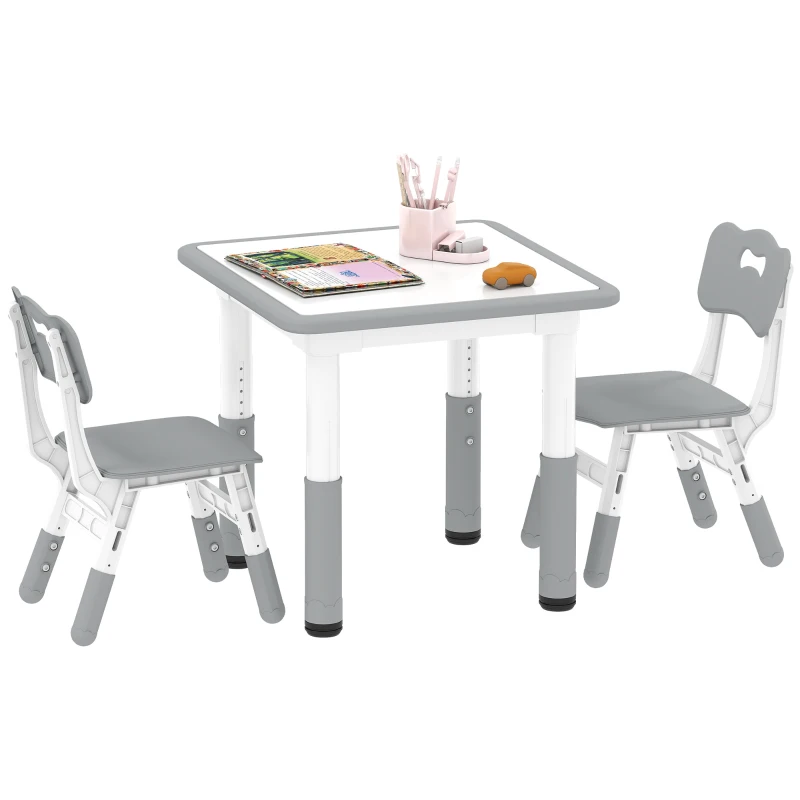 AIYAPLAY Height Adjustable Toddler Table and Chair Set, 3 Pcs Children Activity Table w/ 2 Chairs, for Playroom, Bedroom - Grey