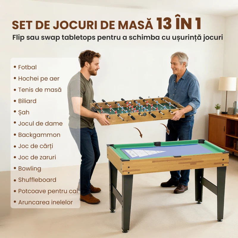 SPORTNOW Masă de Jocuri 13 în 1 cu Fotbal de Masă, Ping Pong, Air Hockey, Biliard, Șah și Altele, Culoare Nuc