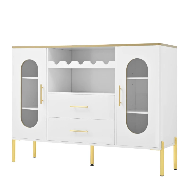 Credenza con ante in vetro, portabottiglie e ampio spazio di stoccaggio, 120x38x90 cm, Bianco