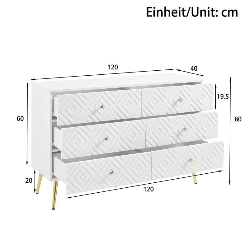 Cassettiera a 6 cassetti, con motivo geometrico e maniglie a forma di diamante, per camera da letto e soggiorno, 120x40x80 cm, Bianco