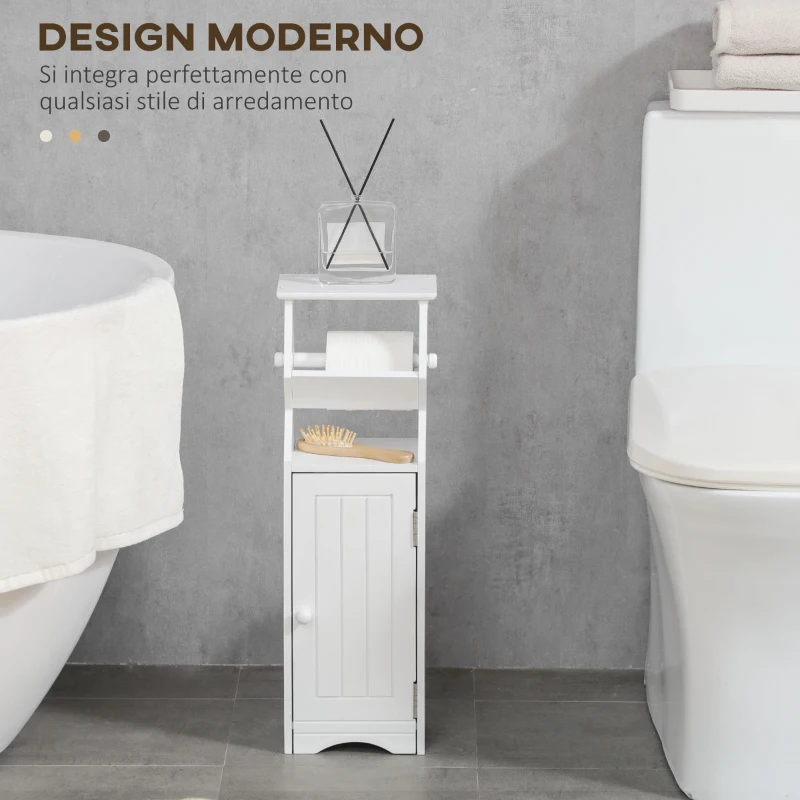 kleankin Mobiletto da Bagno in MDF Bianco con Armadietto e Spazio per Carta Igienica, 19x15x56 cm