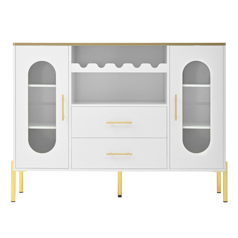 Credenza con ante in vetro, portabottiglie e ampio spazio di stoccaggio, 120x38x90 cm, Bianco