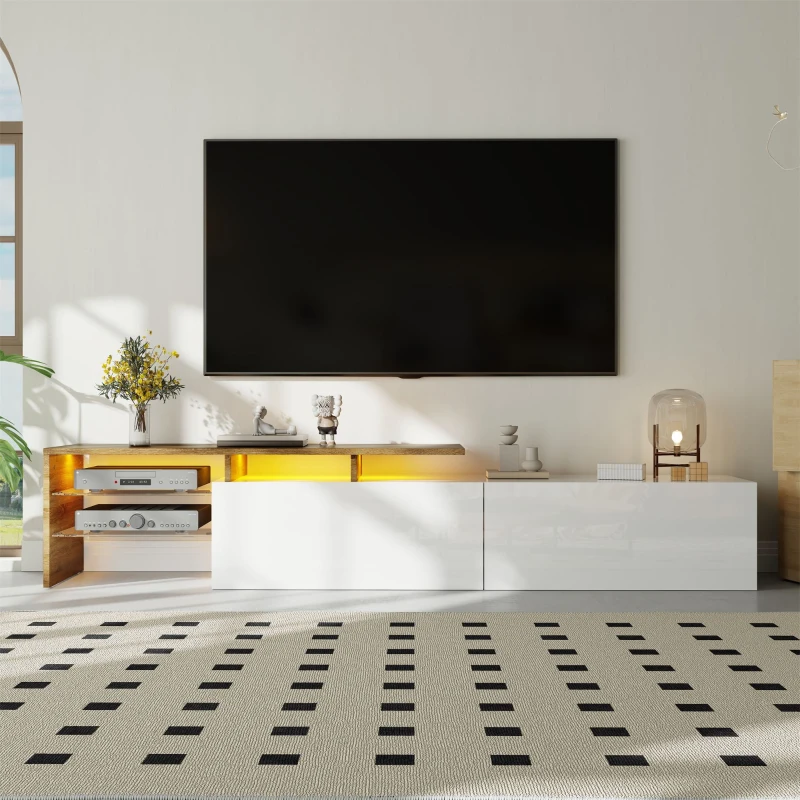 Mobile TV con illuminazione LED, spazio di archiviazione e ripiani in vetro, 170x33x33,5 cm, Colore naturale+Bianco