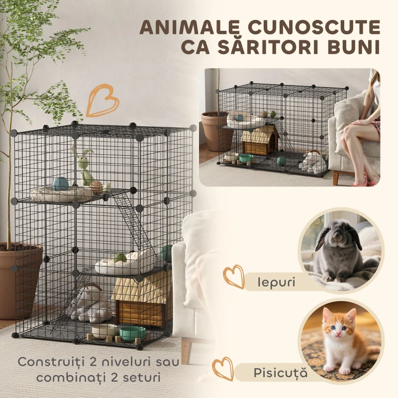 PawHut Cușcă Modulară pentru Iepuri și Porcușori de Guineea Multinivel cu 3 Uși și Sârmă de Oțel, Negru