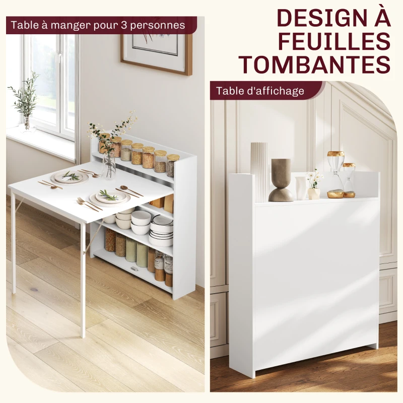 HOMCOM Table à manger pliante, table de cuisine pour 3 personnes, plateau à abattant et 4 étagères, 78,5x91x93cm, blanc(m-4)