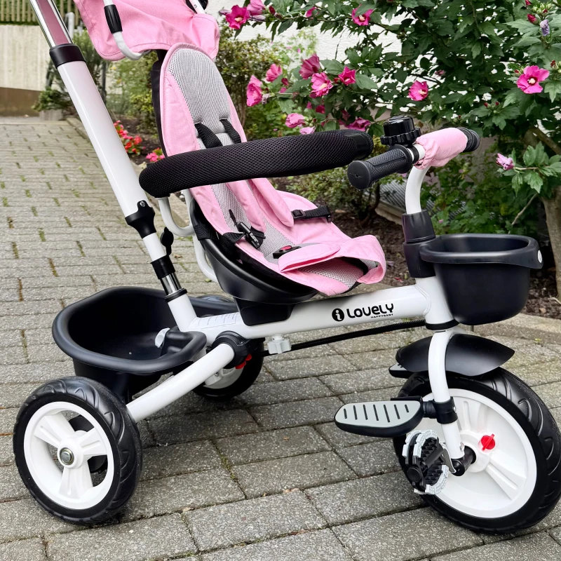 HOMCOM Metal Frame 6 in 1 Baby Push Tricycle with Parent Handle for 1-5 Years Old, Pink