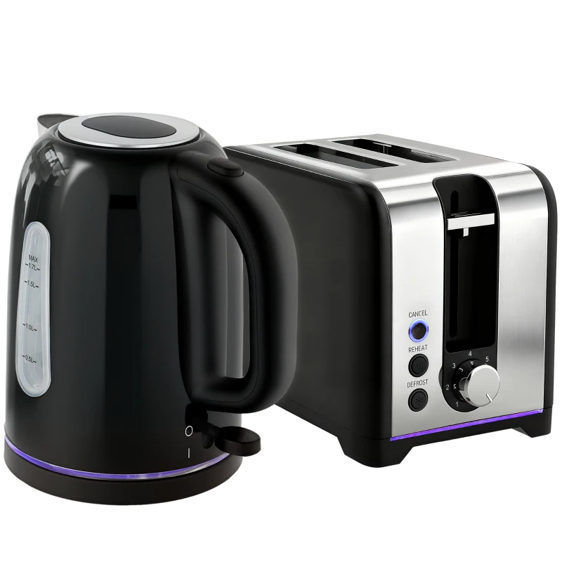 HOMCOM Simple Polished Toaster and Kettle Set - Black
