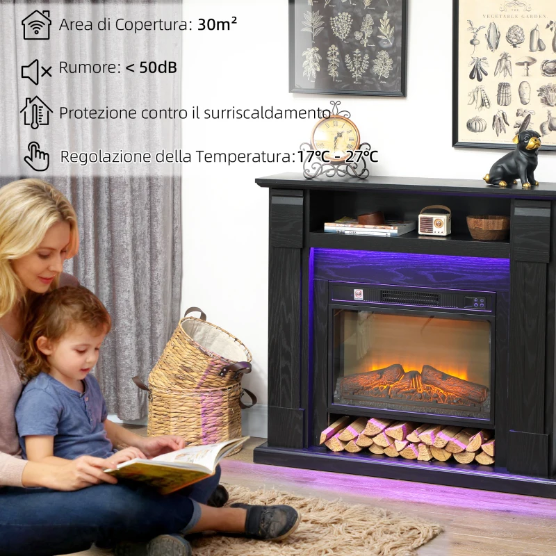 HOMCOM Camino Elettrico 1800W Regolabile con Fiamma 3D, Ripiano, Timer e Telecomando, 105x27x97 cm, Nero