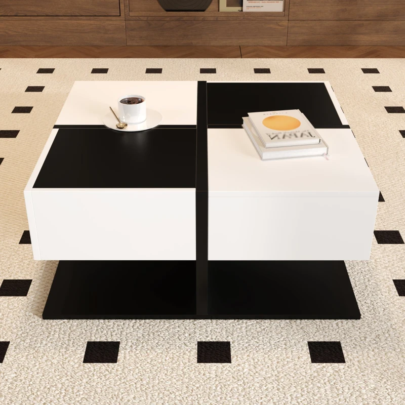 Tavolino da salotto con 2 cassetti, tavolino quadrato da soggiorno con vano contenitore, 70x70x35,5 cm, Nero+Bianco