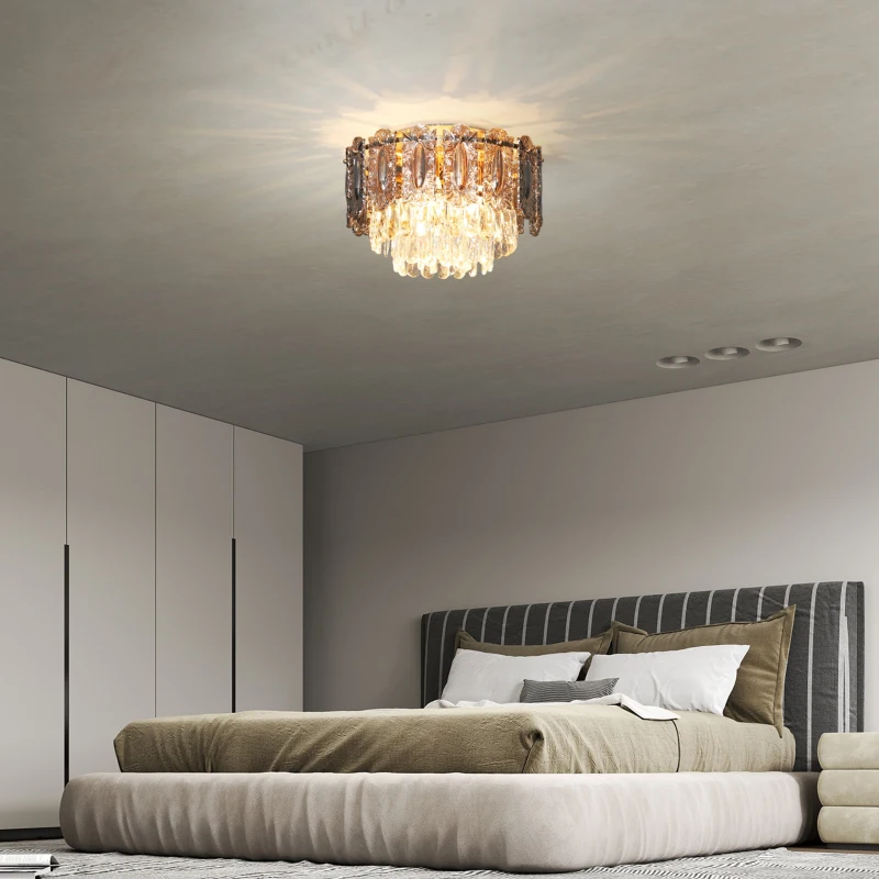 HOMCOM Chandelier Ceiling Light, 3-Light Vintage Flush Mount Fixture with Dual Crystal and Smoke Glass Shade, LED Ceiling Light for Living Room Bedroom, 3 E27 Sockets, Bulbs Not Included, Gold Tone