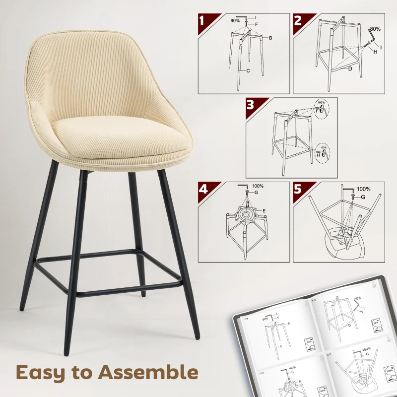 HOMCOM Set 2 Scaune de Bar cu Spătar și Brațe Rotative din Catifea Bej