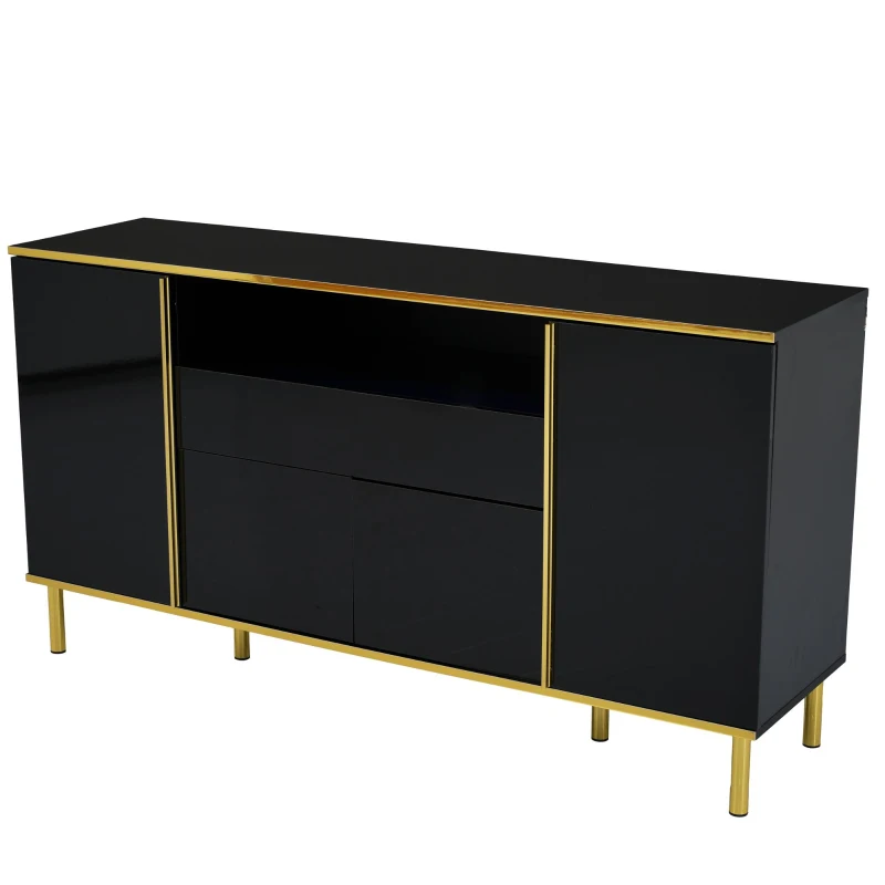 Credenza con illuminazione a LED, 4 ante, 1 cassetto, 150x40x80 cm, Nero