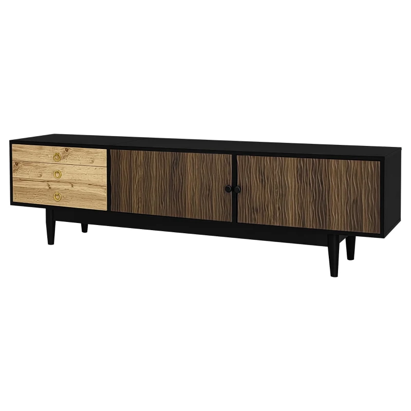 Mobile TV con 2 ante e 3 cassetti, pannelli delle ante con unico motivo ondulato, 180x38x50 cm, Colore naturale