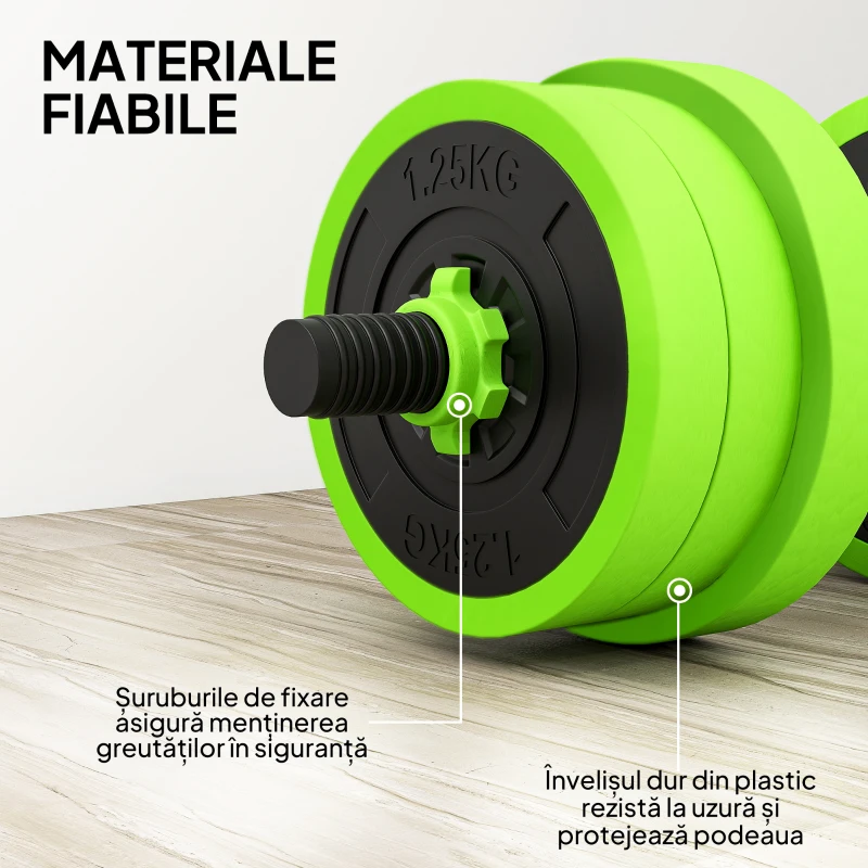 SPORTNOW Set Greutăți Sala de Sport 4 în 1 de 20kg, Convertibil în Kettlebell, 2 Gantere, Bară de Haltere și Suport pentru Flotări, Verde