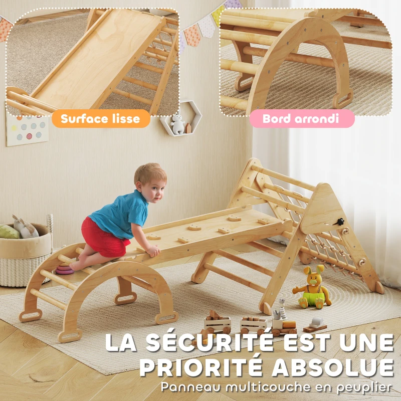AIYAPLAY Triangle d'escalade enfants 8 en 1 avec rampe double face, arc d'escalade en bois avec toboggan & échelle, naturel