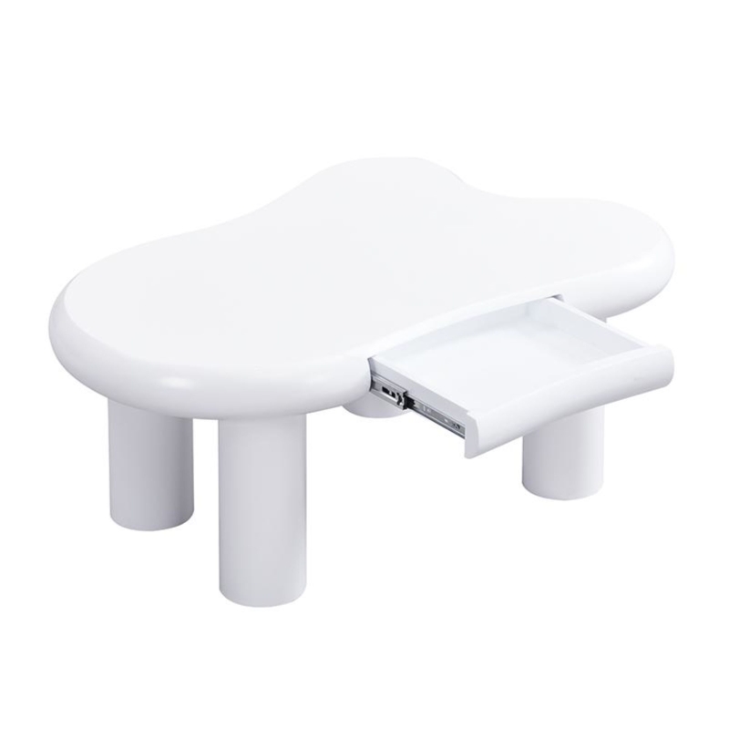 Tavolino da salotto a forma di nuvola, in MDF con illuminazione LED e cassetto, 98x65,5x40 cm, Bianco