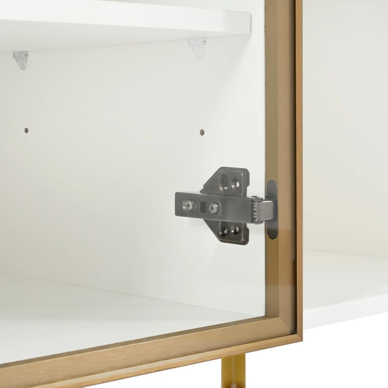 Credenza 4-ante con vetro & metallo, ampio spazio di archiviazione, 150x38x85 cm, Bianco