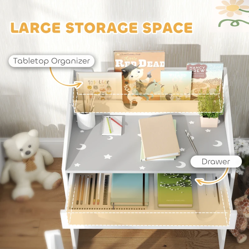 Set AIYAPLAY de Scaun și Masă pentru Copii 3-6 Ani cu Organizator și Sertar Retractabil, din Lemn Gri