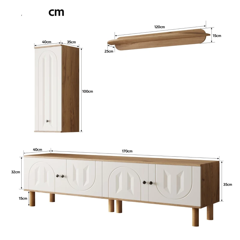 Parete attrezzata 3 pezzi, composta da mobile alto, mobile basso e pannello a parete, Colore naturale