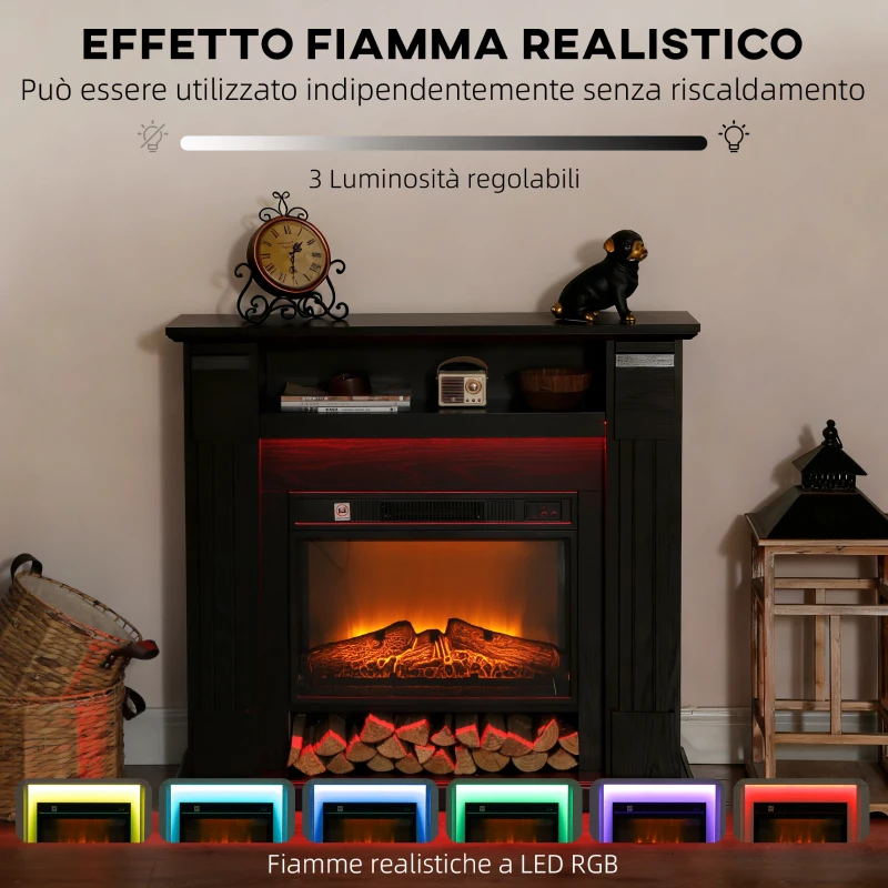 HOMCOM Camino Elettrico 1800W Regolabile con Fiamma 3D, Ripiano, Timer e Telecomando, 105x27x97 cm, Nero