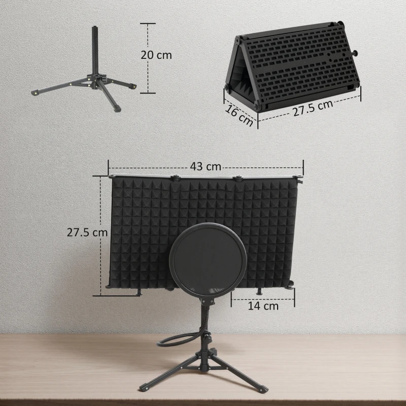 HOMCOM Studio Microphone Isolation Shield with Pop Filter and Tripod Stand, Foldable Adjustable Recording Studio Equipment, 3-Panel High Density Absorbent Foam Shield with 3/8" Threaded Mount, Black