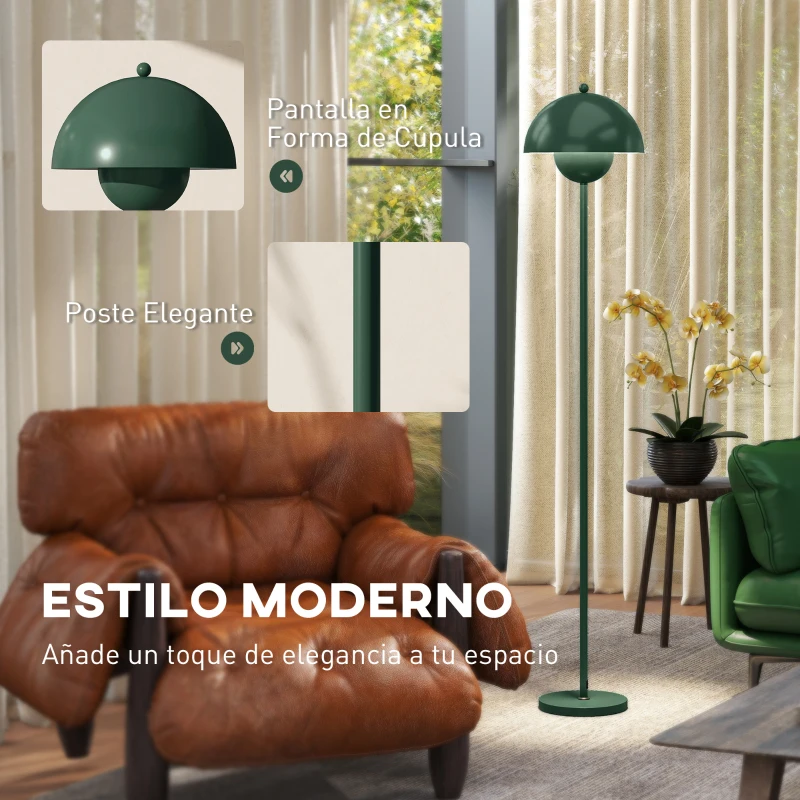 HOMCOM Lámpara de Pie para Salón Moderna con Pantalla de Cuenco Interruptor de Pie Casquillo E27 Sin Bombilla Ø30x155 cm Verde