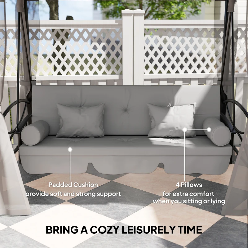 Outsunny 3 Seater Convertible Swing Chair, Outdoor Gazebo Swing Seat Bed with Double Tier Canopy, Cushioned Seat, Mesh Sidewalls, Light Grey
