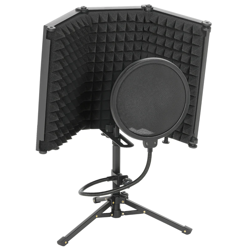 HOMCOM Studio Microphone Isolation Shield with Pop Filter and Tripod Stand, Foldable Adjustable Recording Studio Equipment, 3-Panel High Density Absorbent Foam Shield with 3/8" Threaded Mount, Black