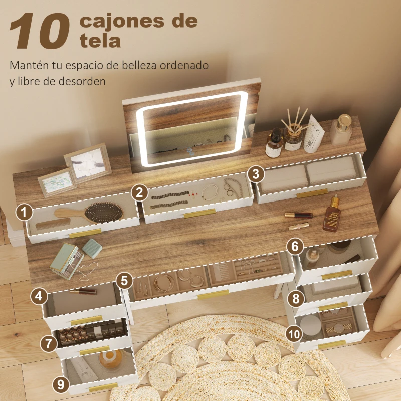 HOMCOM Tocador de Maquillaje con Luces LED de 3 Colores Espejo Tocador con 10 Cajones de Tela Patas de Acero Natural