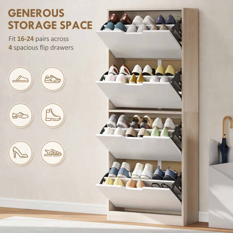 HOMCOM Dulap Subțire pentru Pantofi cu 4 Sertare pentru 16 de Perechi de Pantofi 62.5x26x156 cm, Culoare Lemn și Alb
