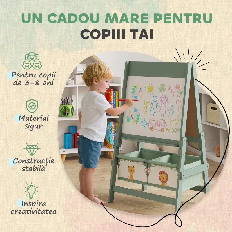 AIYAPLAY Tablă de desen pentru copii 3 în 1 cu rolă de hârtie și 2 coșuri de depozitare Verde
