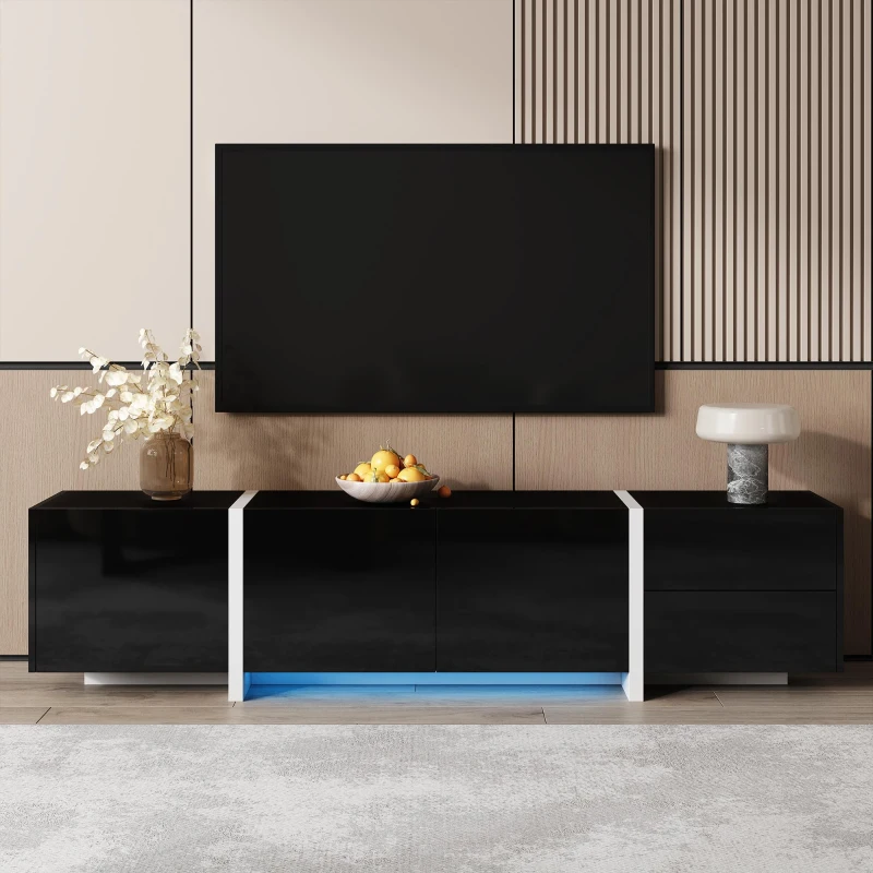 High-gloss Finish TV Cabinet with 3 Doors, 1 Drawer, Contrasting Base and Legs, TV Stand for Living Room, 170L x 29.5W x 40H cm, Black+White