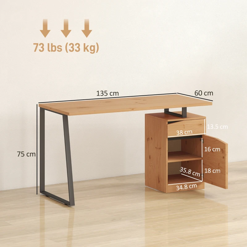 HOMCOM Computer Desk, Writing Desk with Cabinet, Drawer, Metal Legs, Work Table for Home Office Study, Natural Wood Finish