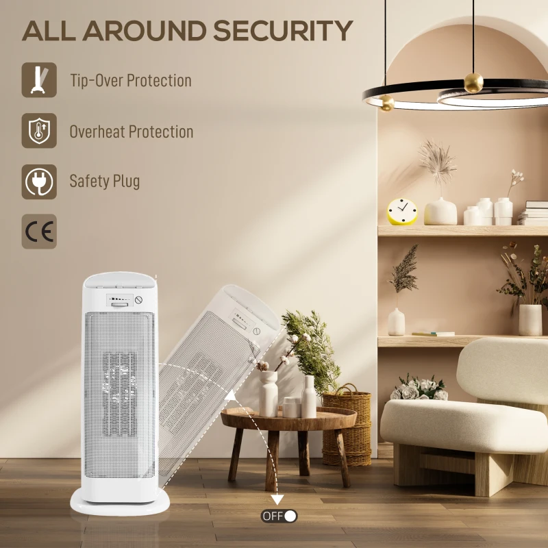 HOMCOM Sobă Electrică Ceramică 2000W, 4 Moduri și Încălzire Reglabilă, Oscilație 55°, Alb