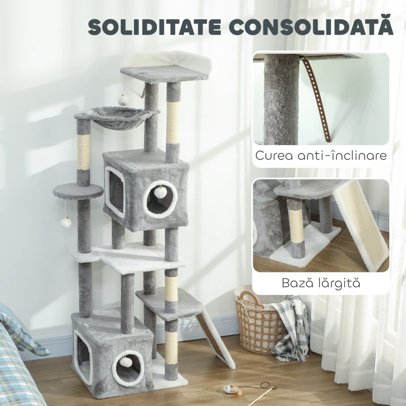 PawHut Arborele pentru Pisici cu Căsuțe, Rampe, Stinghie și 4 Mingi, Gri