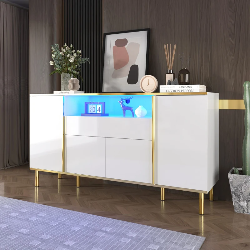 Credenza con illuminazione a LED, 4 ante, 1 cassetto, 150x40x80 cm, Bianco