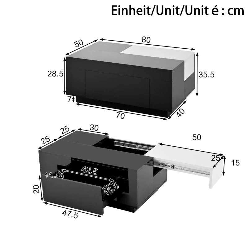 Tavolino da salotto con illuminazione LED, piano estraibile e vano portaoggetti, 80x50x35,5 cm, Bianco+Nero