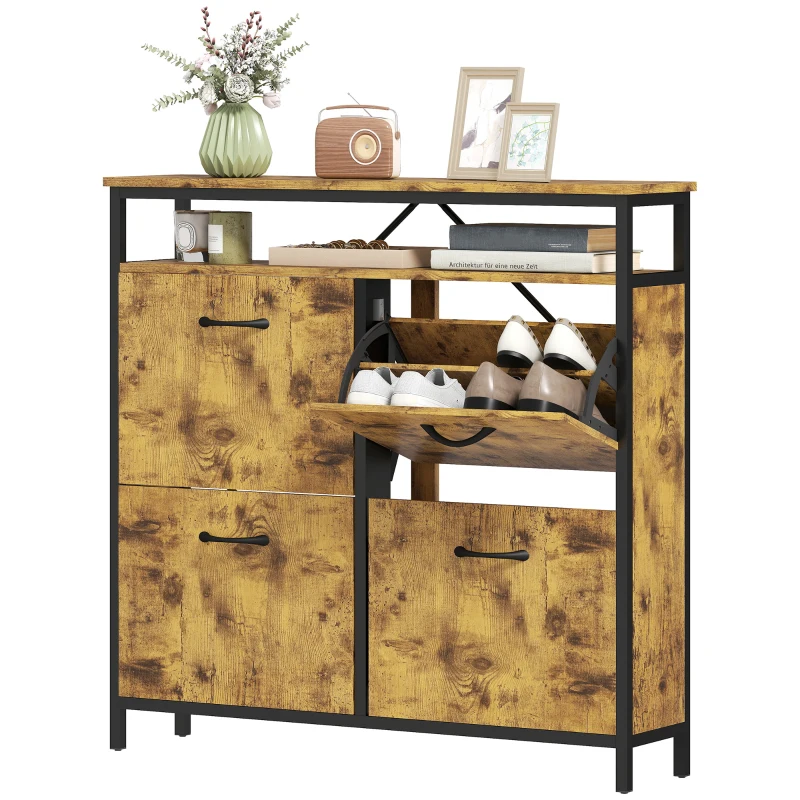 HOMCOM Shoe Storage Cabinet with 4 Flip Drawers and Open Shelf - Rustic Brown