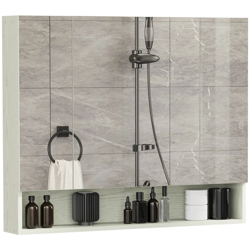 kleankin Armadietto Moderno da Bagno con Specchio a 4 Sezioni con Ripiani Regolabili, a Parete in Legno e Vetro, 90x15x75 cm, Grigio | Aosom Italy