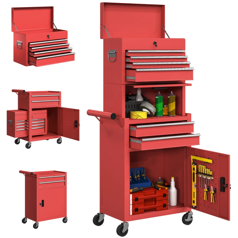 HOMCOM Three-Part Steel Locking Tool Chest - Red